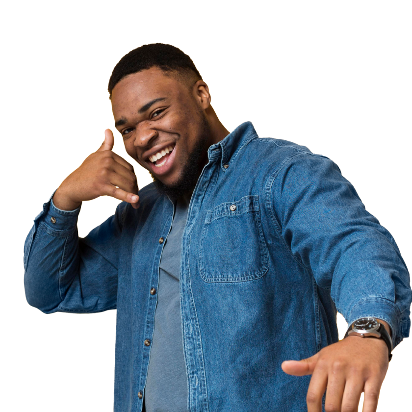 Persona sonriendo haciendo gesto de llamada