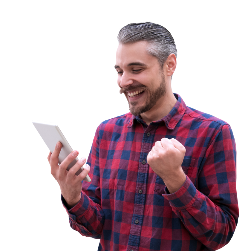 Persona sonriendo haciendo gesto de llamada