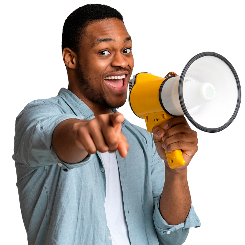 Persona sonriendo haciendo gesto de llamada