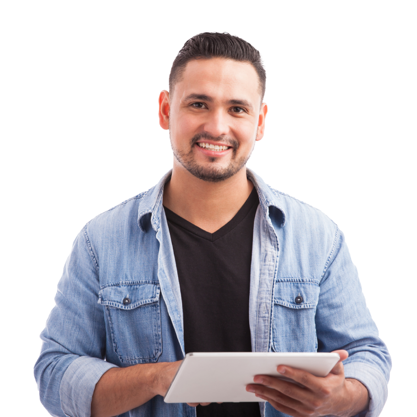 Persona sonriendo haciendo gesto de llamada